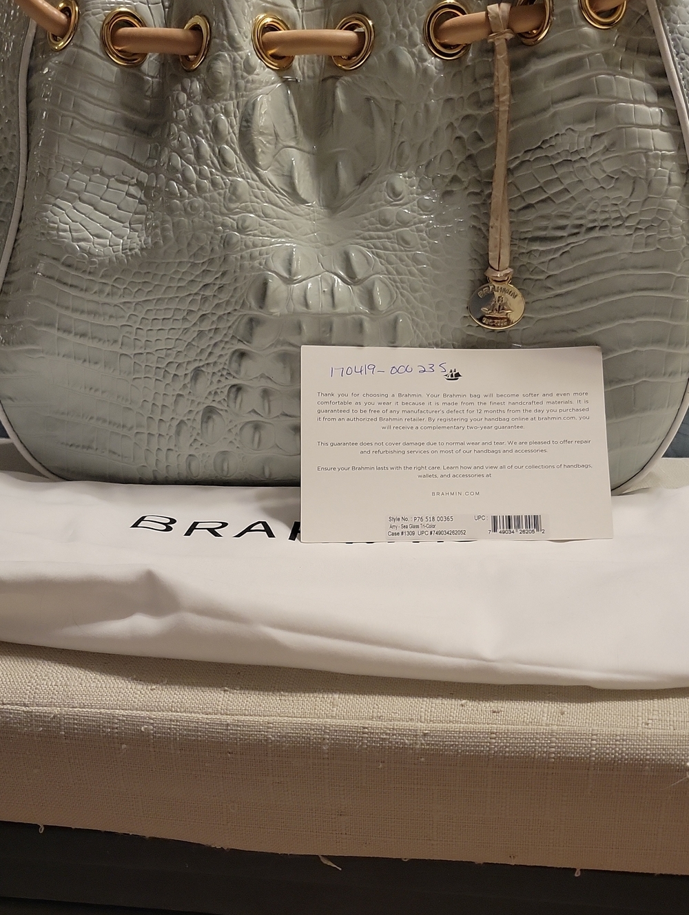 Brahmin Pale Blue Croc-Embossed Drawstring Shoulder Bag